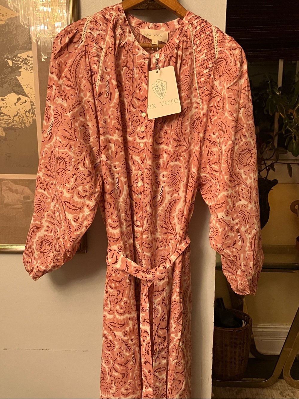 Ex Voto “Greta” 100% cotton Block Print Dress With Pockets and Belt- medium